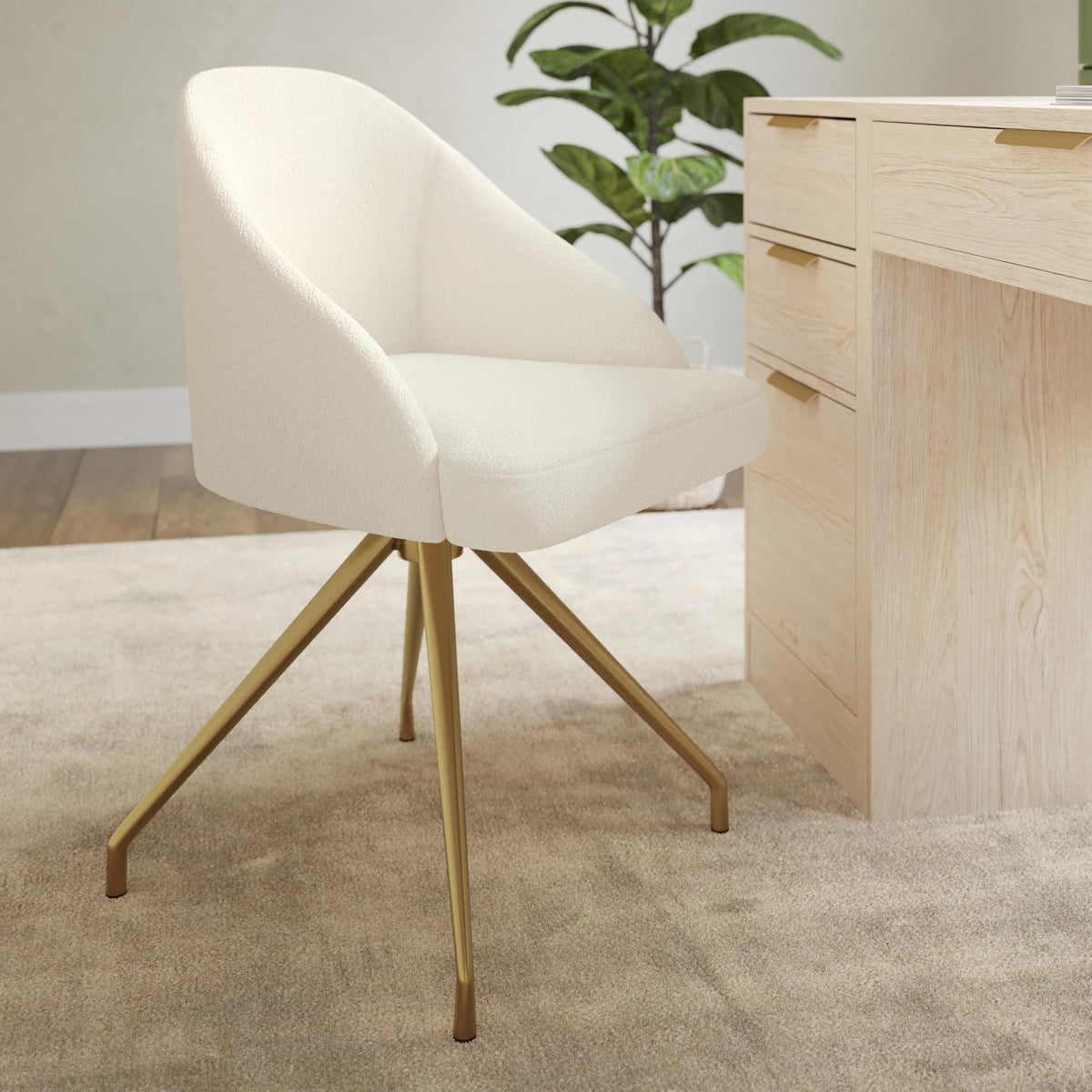 Martha Stewart Sora Stationary Swivel Task Chair with Sloped Arms for Home Office in Off White Boucle with Polished Brass Frame