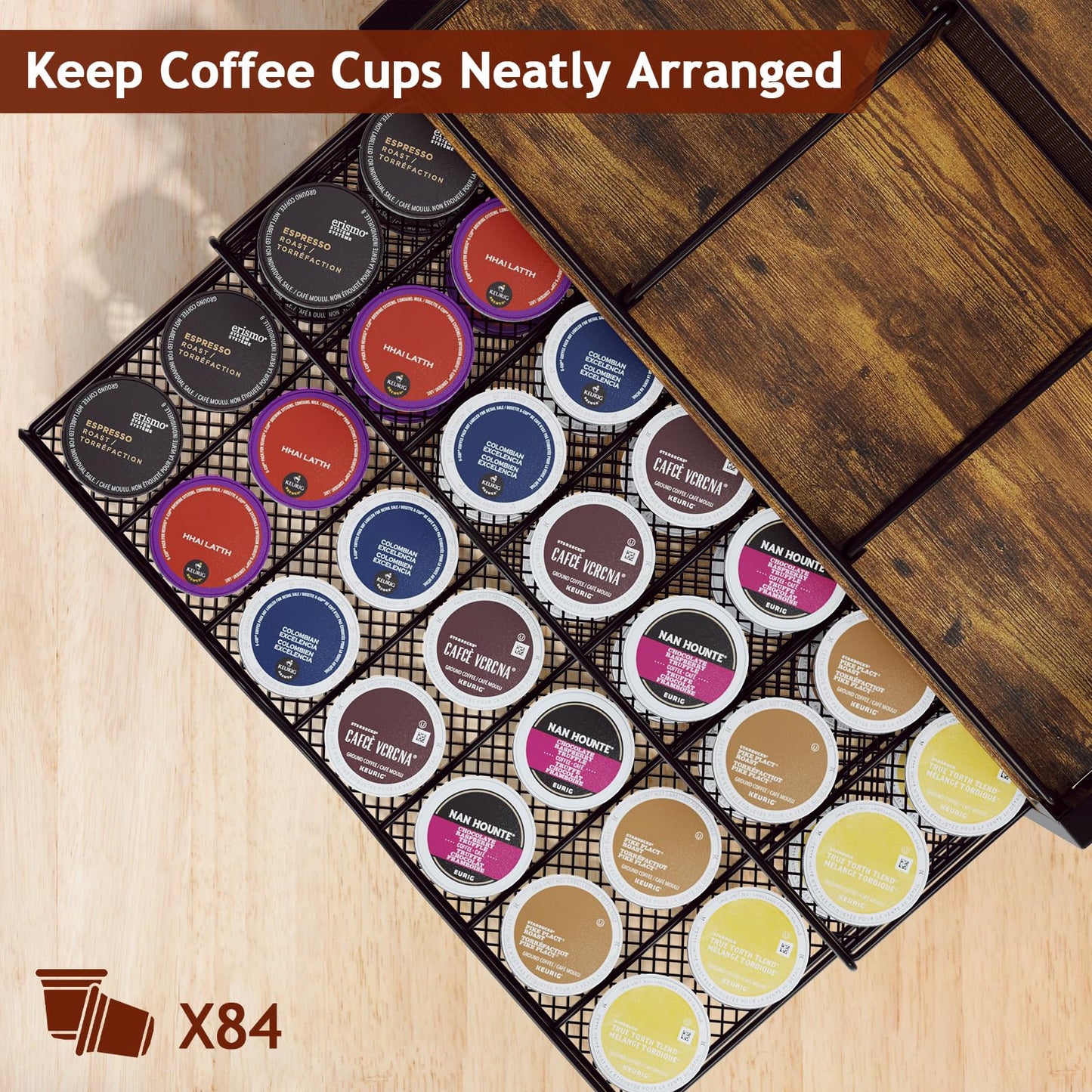 Homsorout Coffee Bar Organizer - Coffee Station for Countertop, Metal and Wood K Cup holder Storage Basket for Coffee Pods, Syrup, Cups, Stirrer, Coffee Condiment, Tea Organizer, Black and Brown