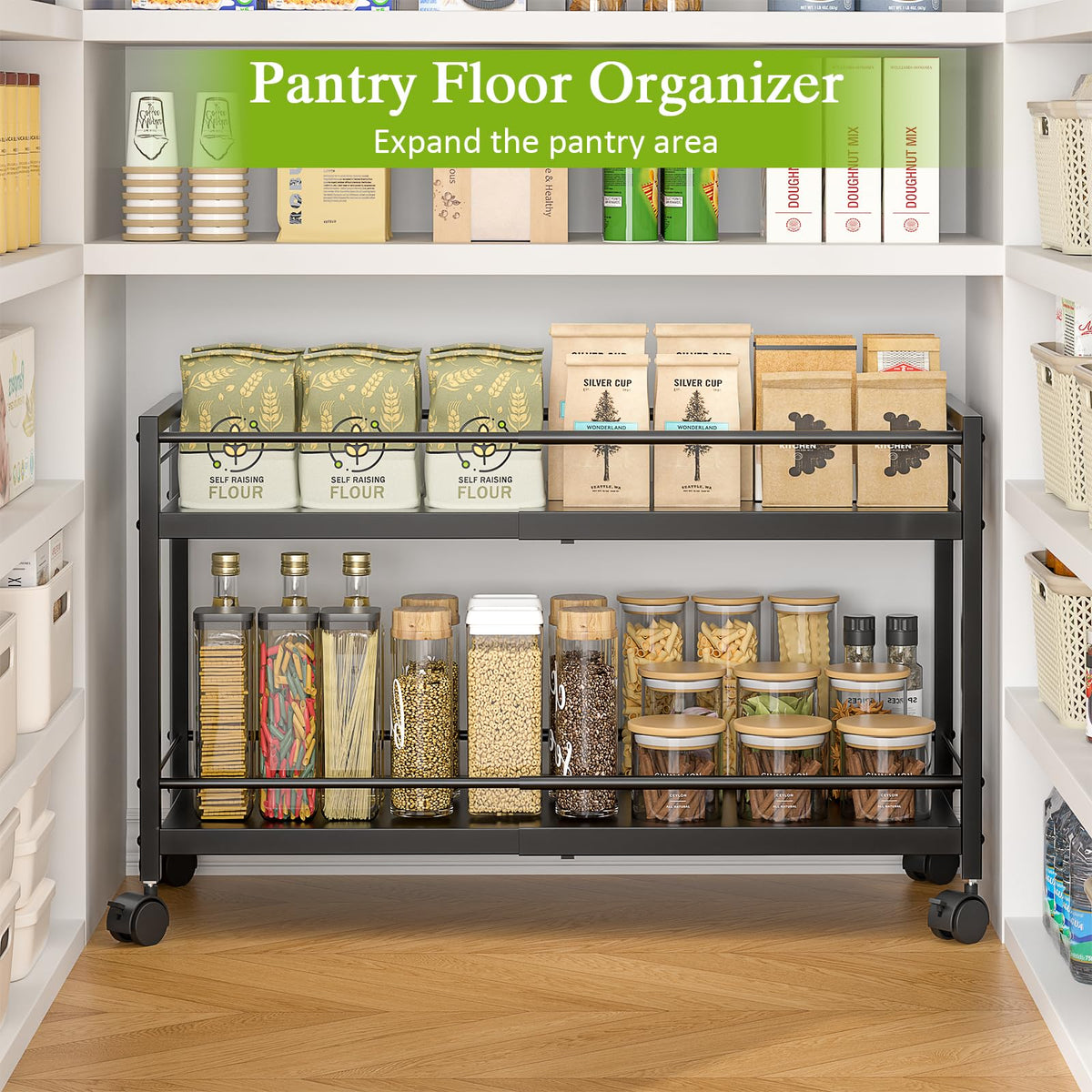 1 Pack 2-Tier Expandable Pantry Floor Organizer Cart, Rolling Pantry Storage Cart with Wheel, Adjustable Can Organizer for Kitchen Pantry, Pantry Shelves and Storage Rack for Snacks, Vegetables, Black