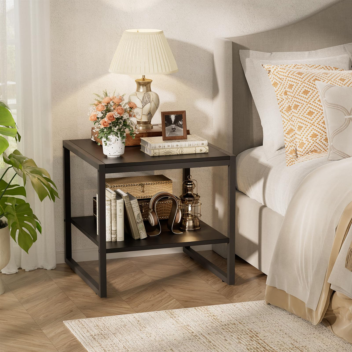 Homieasy End Table, 20 Inch Square End Table, Mini Fridge Stand with 2-Tier Storage Shelves, Industrial Wood Side Table Small Table Stand for Living Room, Bedroom, Office, Black
