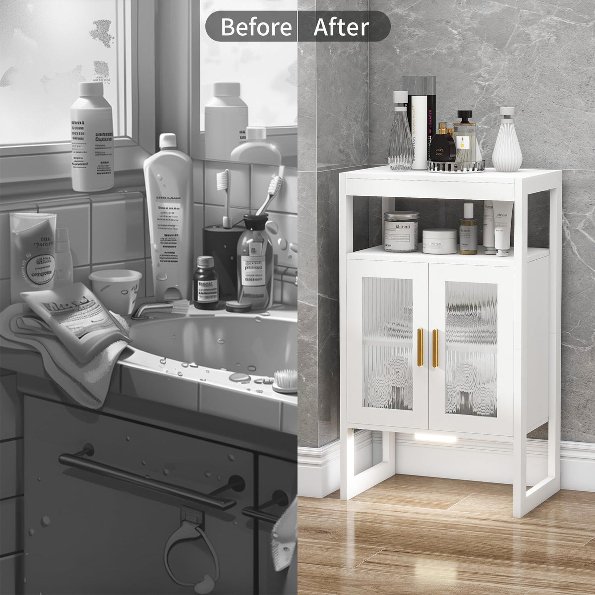 Edospaen Bathroom Floor Storage Cabinet Freestanding Organizer with Sensor Light & Acrylic Doors for Bathroom, Home Office, Bedside, Sofa Side Table