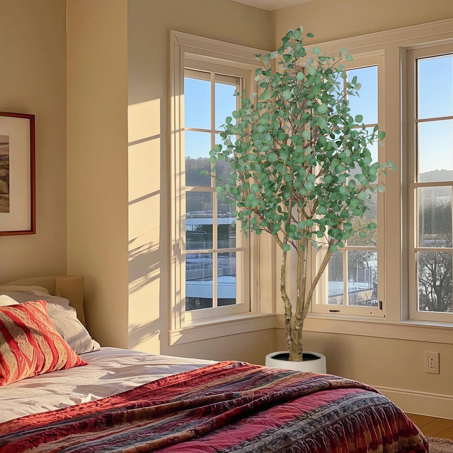 Artificial Eucalyptus Trees with White Planter, 8 FT Faux Eucalyptus Plants Indoor Tall Fake Floor Trees with Silk Leaves and Thick Trunk for Living Room Bedroom Corner Home Office Decoration