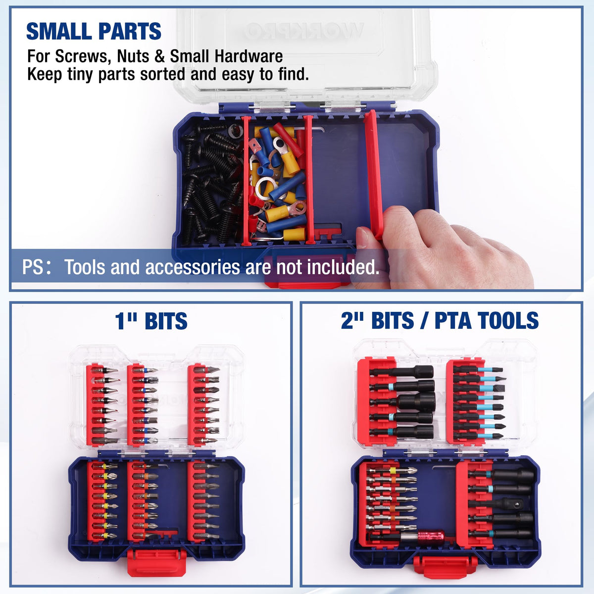 WORKPRO Small Parts Organizer 3 Pieces, Portable Stackable Hardware Storage Case with Removable Dividers, Clear Lid Tool Box Organizer for Screws, Bolts, Nails, Craft Supplies and Small Accessories