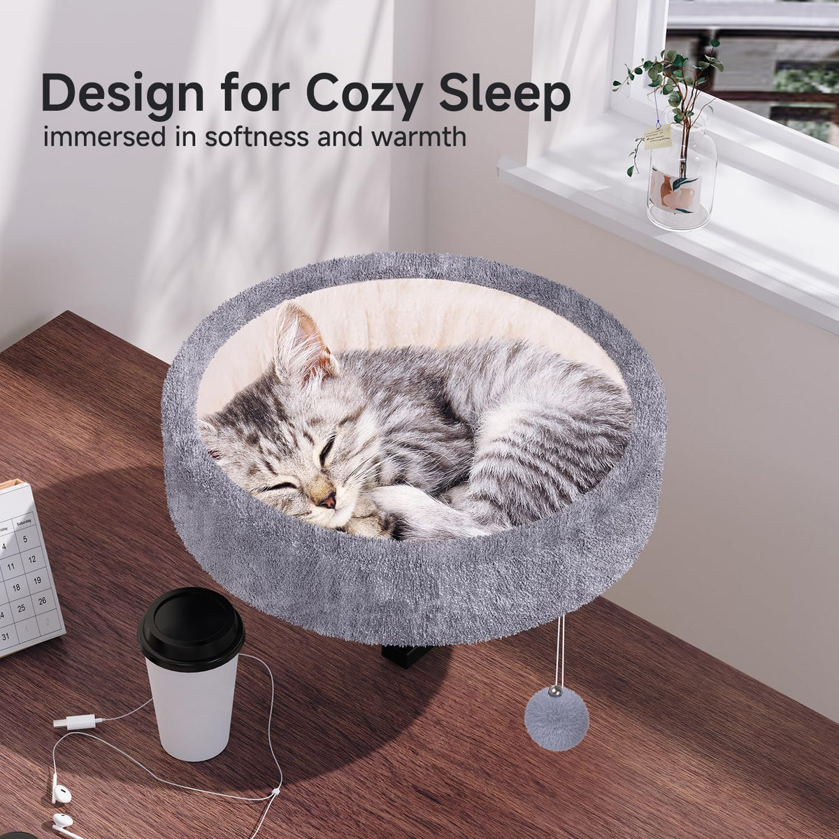 Chumajor Cat Desk Bed - 360° Rotating & Adjustable, Supports 50 lbs, Soft Faux Fur with Dual-Sided Reversible Mat, Modern Indoor Cat Nest Furniture for Office Desks and Game Tables, Island Table