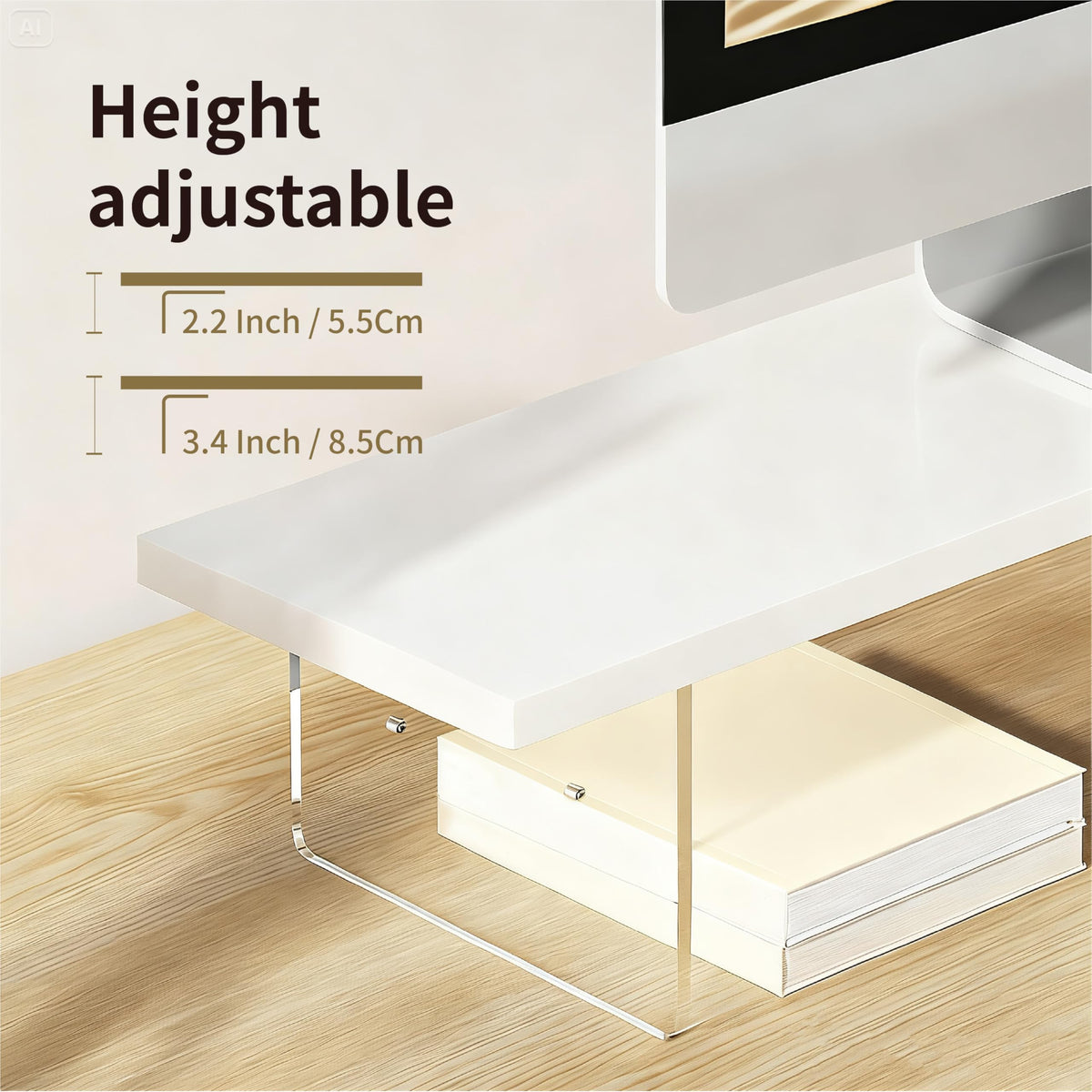 seicasaya Wood Monitor Stand Riser with Acrylic Legs, Computer Screen Stand Desk Organizer, 31.5 x 7.9 x 3.1 inch, Hold up to 66 lbs (White, 31.5"×7.9"×3.1")