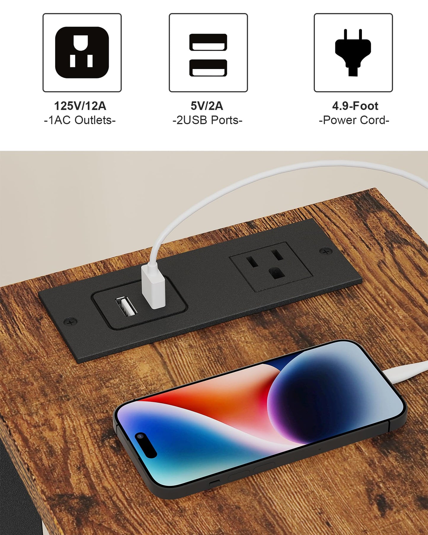 TUTOTAK Small End Table with Charging Station, Narrow Side Table with USB Ports and Outlets, Skinny Sofa Table, Slim Nightstand, Living Room, Bed Room, Brown TB01BB060