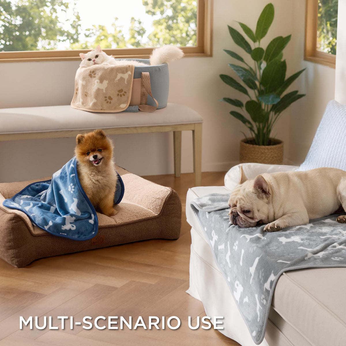 Bedsure 1 Pack 3 Pet Blankets, Super Soft Fluffy Premium Fleece Flannel Portable Throw Dog Blankets for Small Dogs, Printed Cat Puppy Blanket Grey/Brown/Blue Small(20x30 inch)