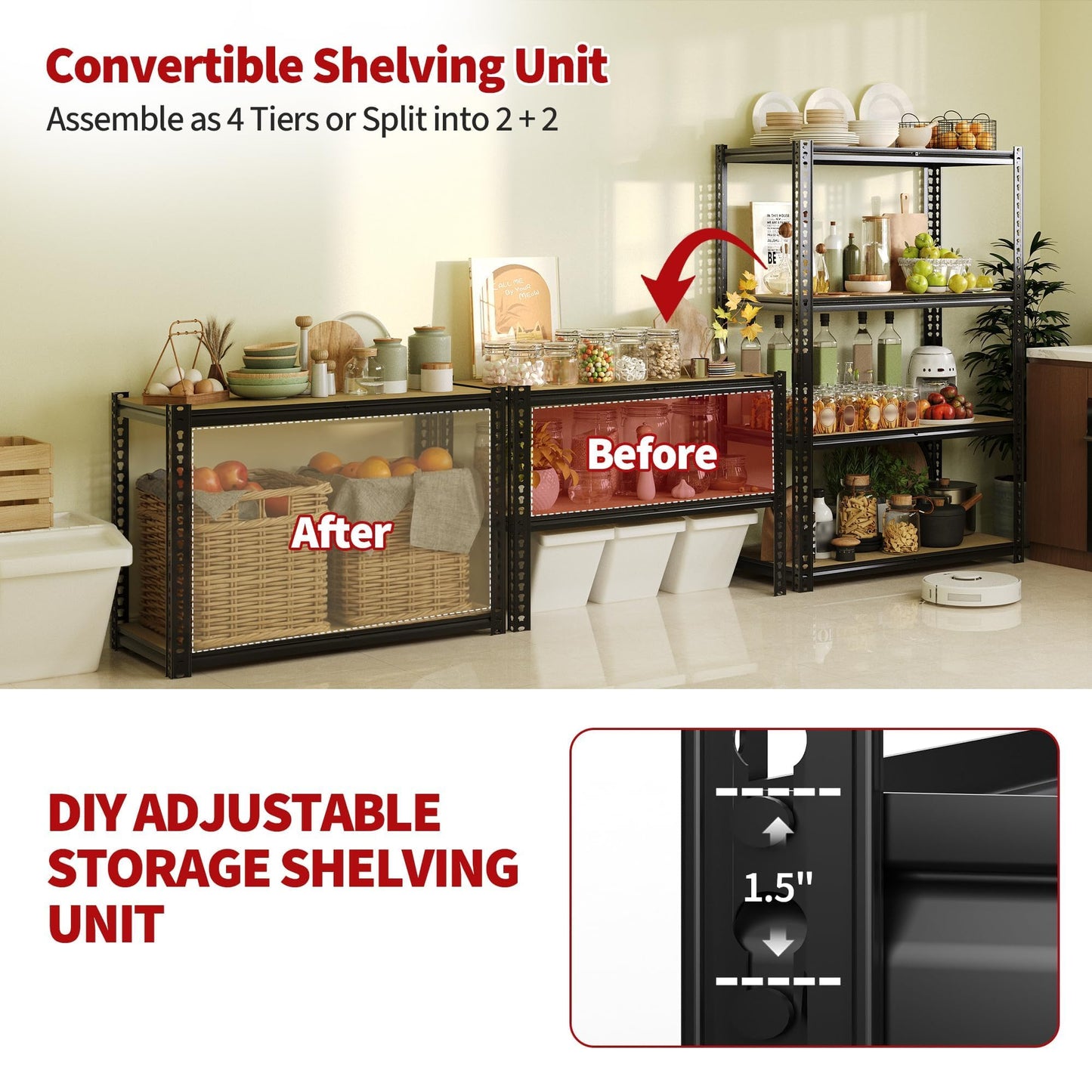 Heavy Duty Metal Storage Shelves, Adjustable 4-Tier Garage Shelving Unit with Eco-Friendly MDF Wood Board, 48" L x 24" W x 59.8" H, 640 lbs Load Capacity Per Shelf, Black, Ideal for Warehouse Storage