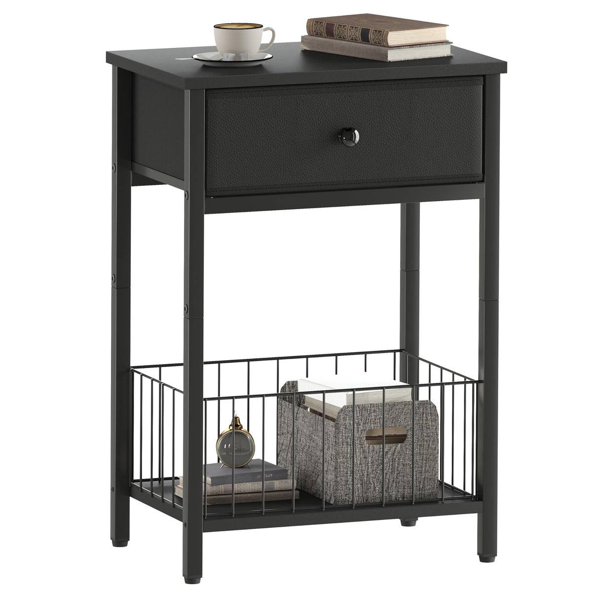 VAFEKOL Nightstand with PU Leather Front Drawer, 3-Tier End Table with Bottom Mesh Basket, Industrial Bedside Table for Small Spaces, Black