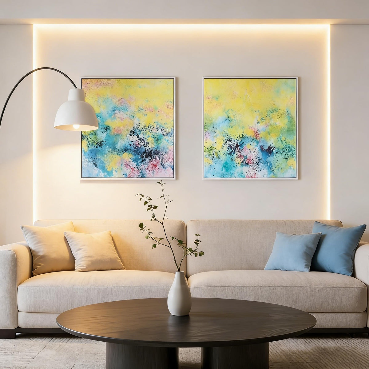 24x24 Inch Framed Wall Art Set of 2, Yellow Flower Panda Abstract Modern Canvas Wall Decor - Boho Color Fusion Living Room Bedroom Office Art, Hidden Panda Discovery