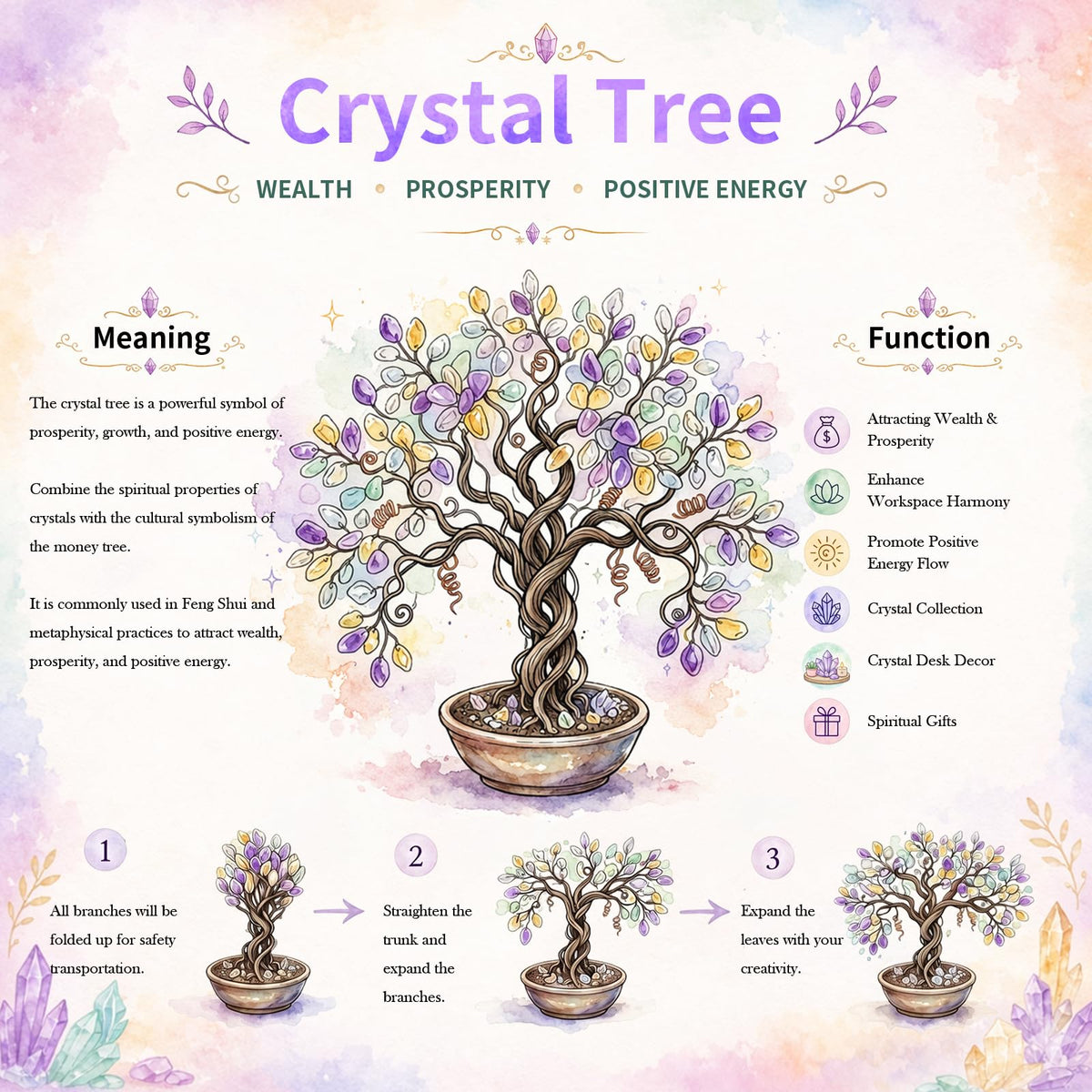 mookaitedecor Natural Fluorite Crystal Money Tree Agate Slice Base Feng Shui Bonsai Crystal Tree for Wealth Luck Desk Decor, 3-4 Inch High