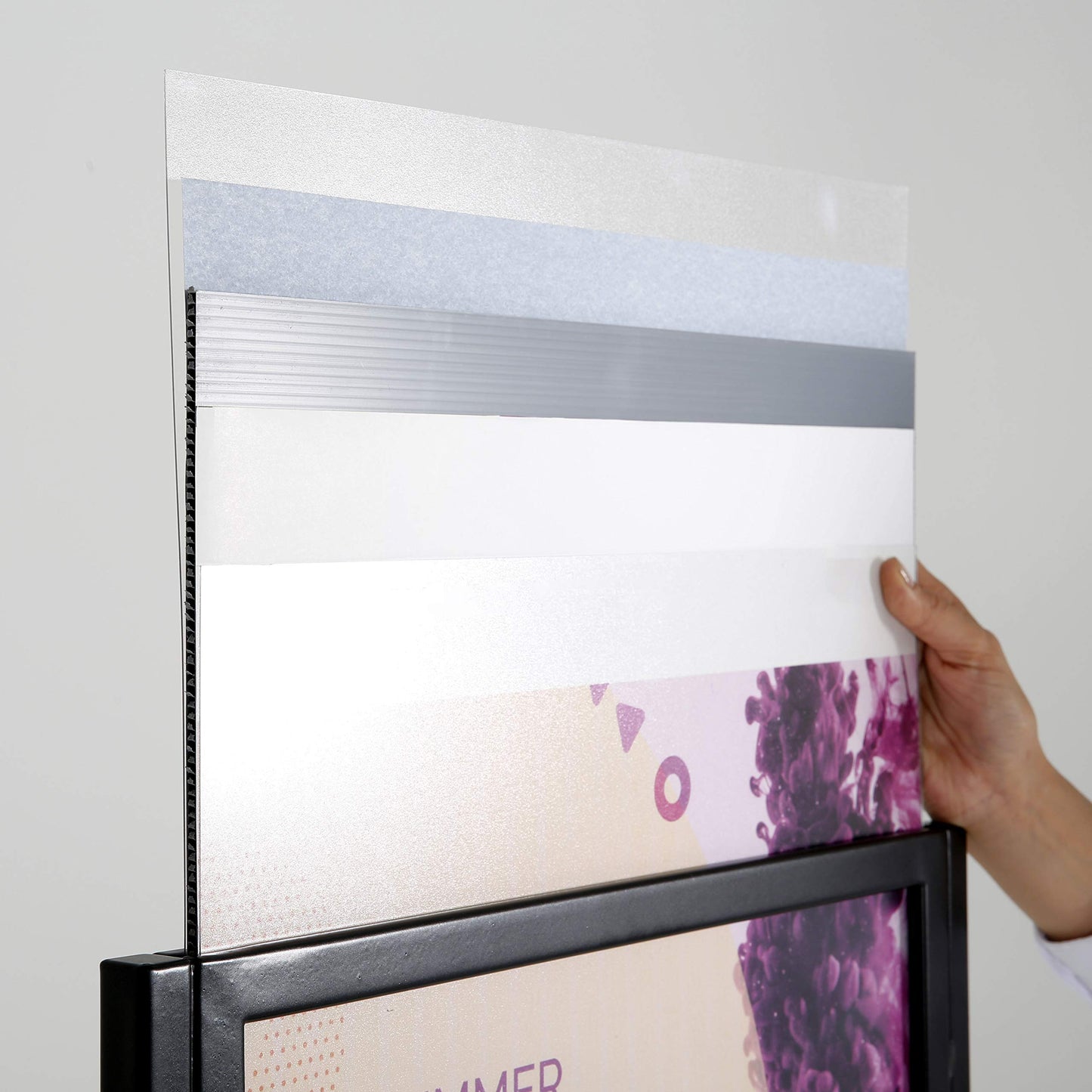 M&T Displays Metal Eco Info Board, Black 24x36 Inches Slide-In Poster Sign Holder 1 Tier Double Sided Floor Standing Pedestal Advertising Display with Backing and Anti-Glare PET Cover