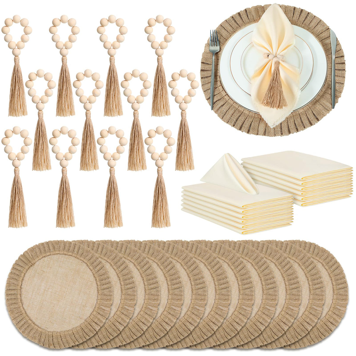 Gejoy Round Burlap Placemats Wood Bead Napkin Rings with Dinner Napkins Cloth, Jute Heat Resistant Placemats Boho Wooden Rings for Plates Wedding Dining Table(36 Pcs)