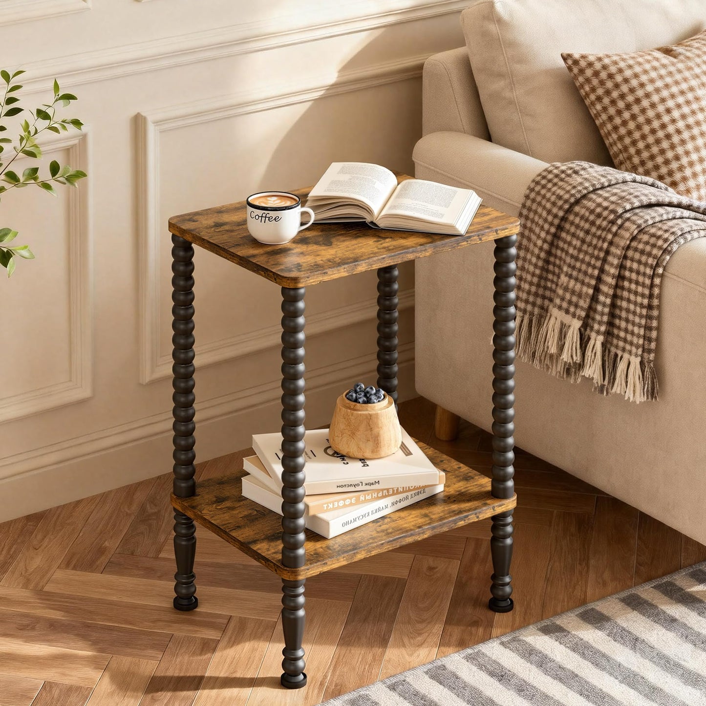 Homedawn Side Table, Small End Table, 2-Tier Nightstand with Storage Shelves, Coffee Table for Small Spaces, Curved Design, Sofa Table for Living Room, Bedroom, Rustic Brown and Black