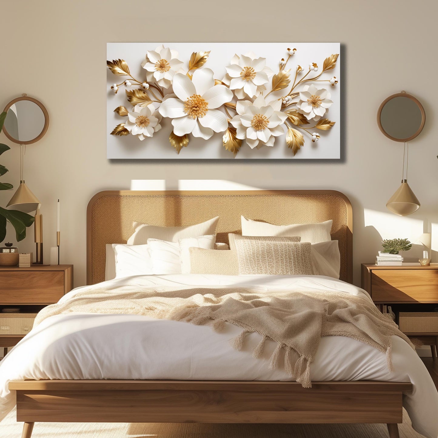 JuhaiArt Gold Wall Decor White 3D Floral Wall Art Elegant Flower Canvas Decor for Bedroom Living Room Office Picture Artwork 24" x 48"
