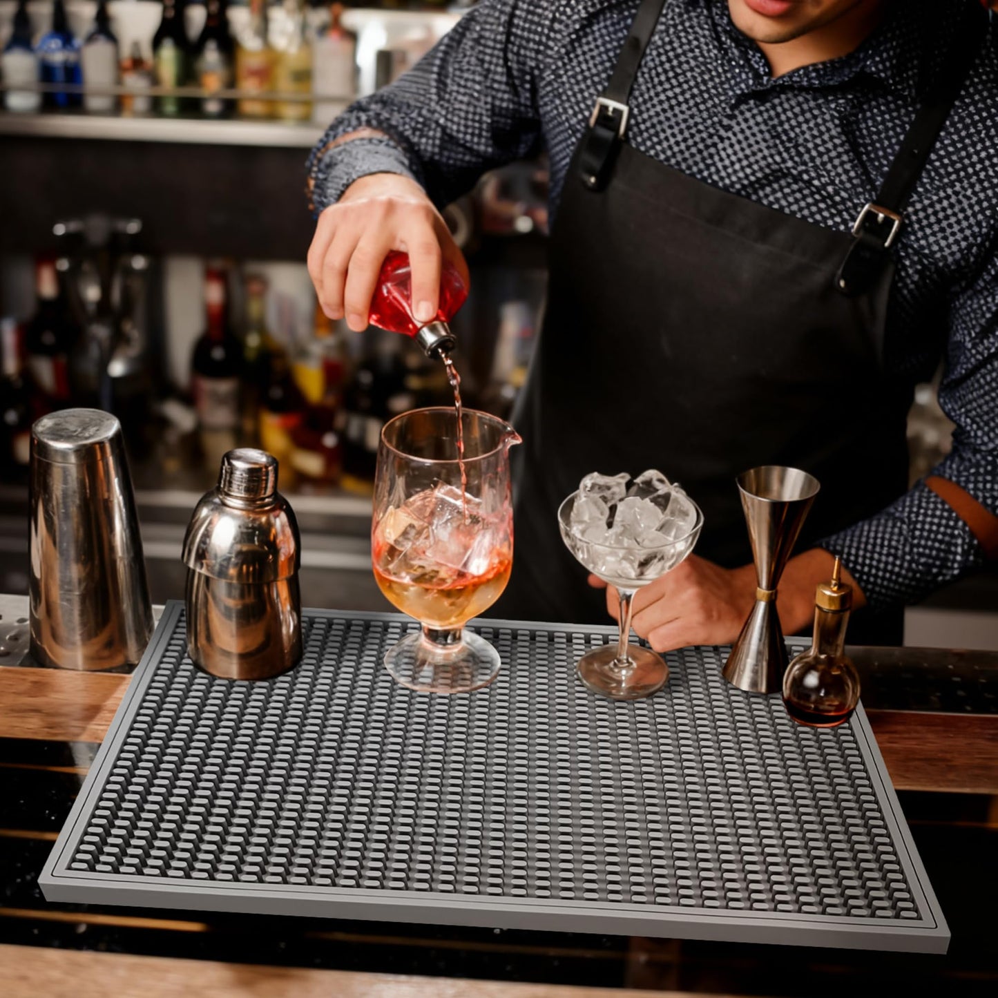 ZJWZLG Bar Mat - 18"X12"(2 Pcs) Rubber Bar Mats for Countertop & Dish Drying, Non-Slip Bartender Mat with Airflow Design for Home Bar, Cocktail Set, Kitchen & Outdoor Use (Gray)