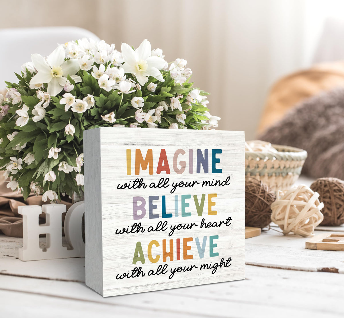 SRADMO Inspirational Wood Box Sign Desk Decor, Imagine Believe Achieve Motivational Theme Wooden Block Box Sign Decoration for Home Office Workplace Desk Shelf Table Decor
