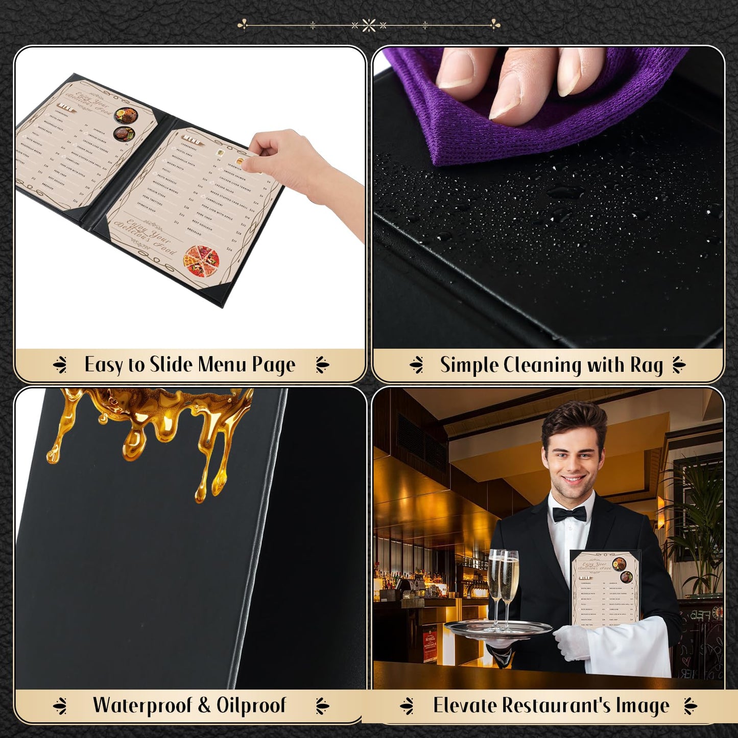 FLKQC Restaurant Menu Holders 8.5" x 11", Pack of 10 Synthetic Leather Double Panel Book Style with Angled Corners, Black
