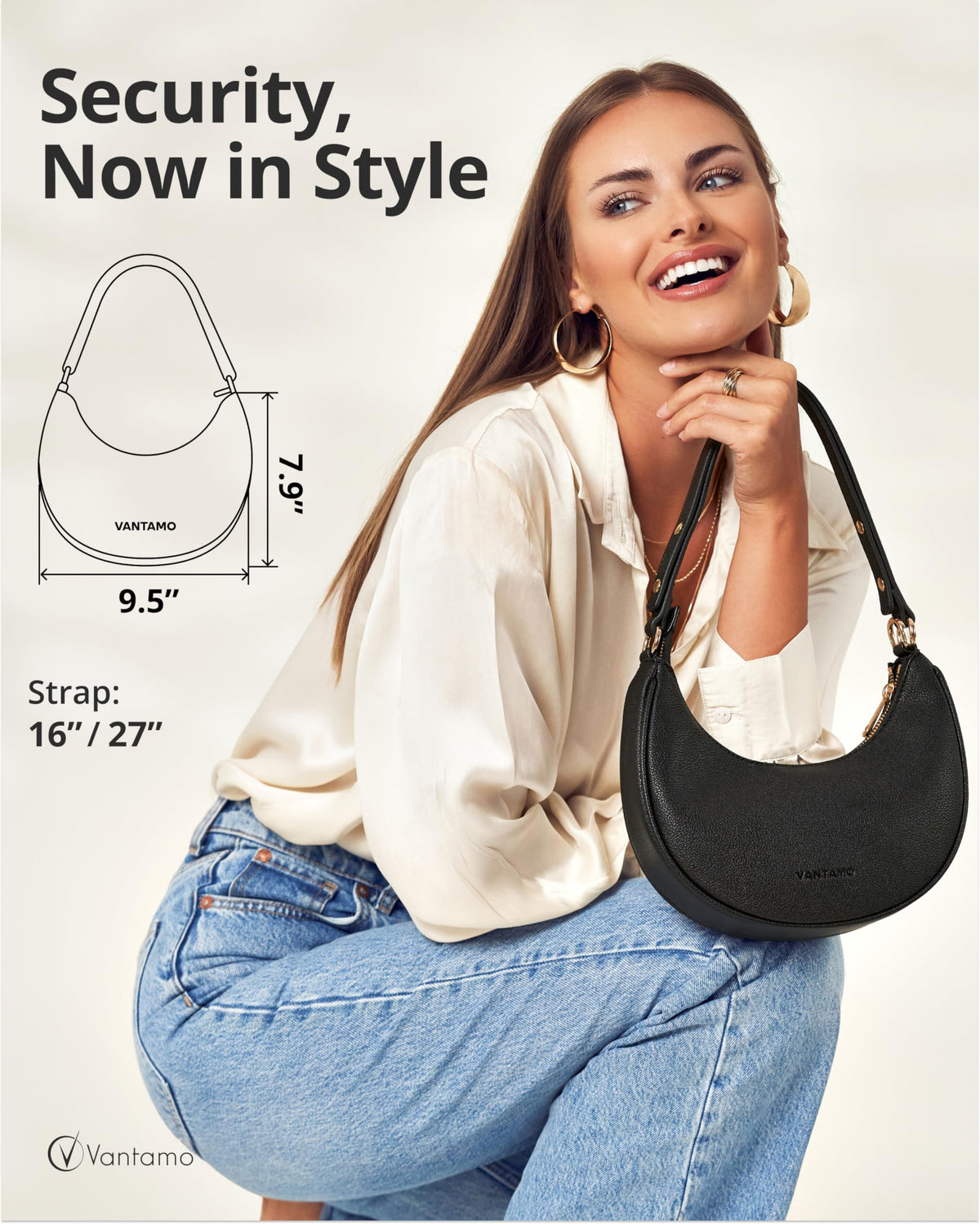 Vantamo Crescent Bags For Women with RFID Protection, Half Moon Clutch Purses for Women with Anti-Theft Clip for Extra Safety, Premium Smooth PU Leather Handbags for Work & Going Out, Black Purse
