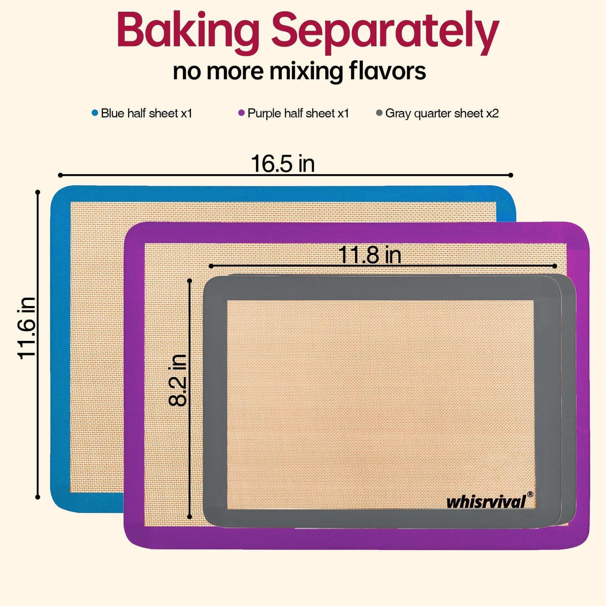 whisrvival 4 Pack Silicone Baking Mat, Non-Stick Silicone Baking Sheet, Food Safe Silicone Mats for Baking, 480℉ Heat Resistant, 2 Half & 2 Quarter (Purple, Blue, Grey)
