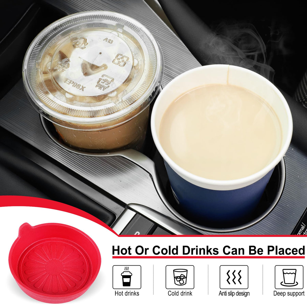 SINGARO Car Cup Holder, 4-Pack Silicone Car Coasters, Universal Non-Slip Recessed Car Interior Accessories (Flower Red)