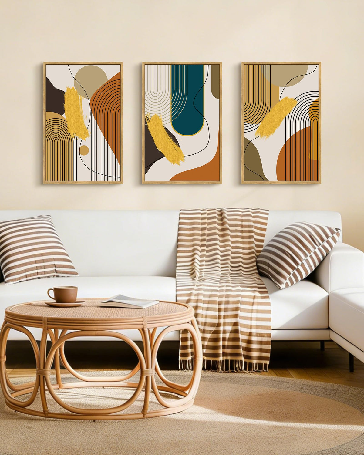 PHOPAGO Boho Abstract Framed Wall Art Large 16x24in Mid-Century Modern Bohemain Minimalist Luxury Gold Line Artwork Home Office Living Room Decor - Natural Framed