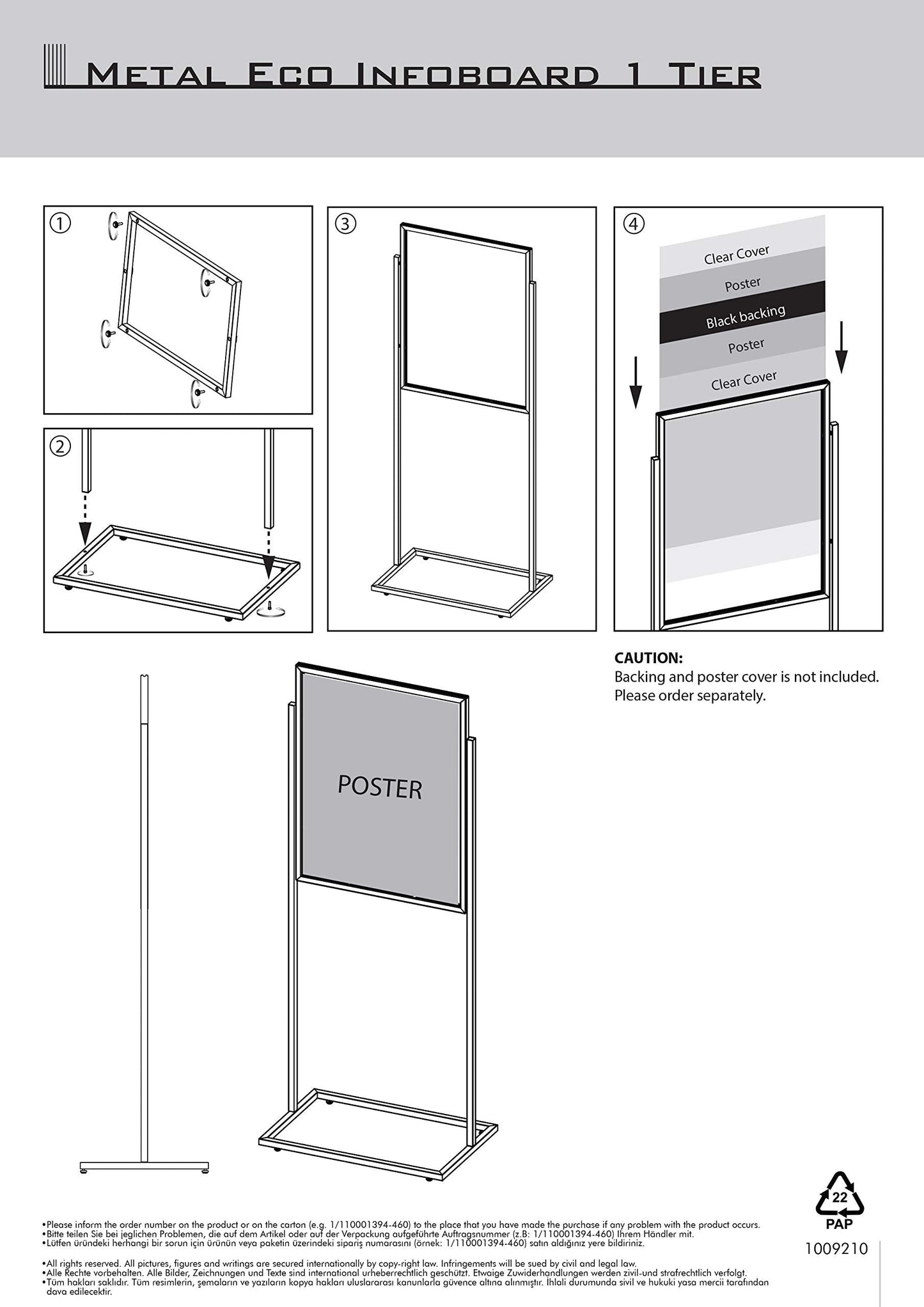 M&T Displays Metal Eco Info Board, Black 24x36 Inches Slide-In Poster Sign Holder 1 Tier Double Sided Floor Standing Pedestal Advertising Display with Backing and Anti-Glare PET Cover