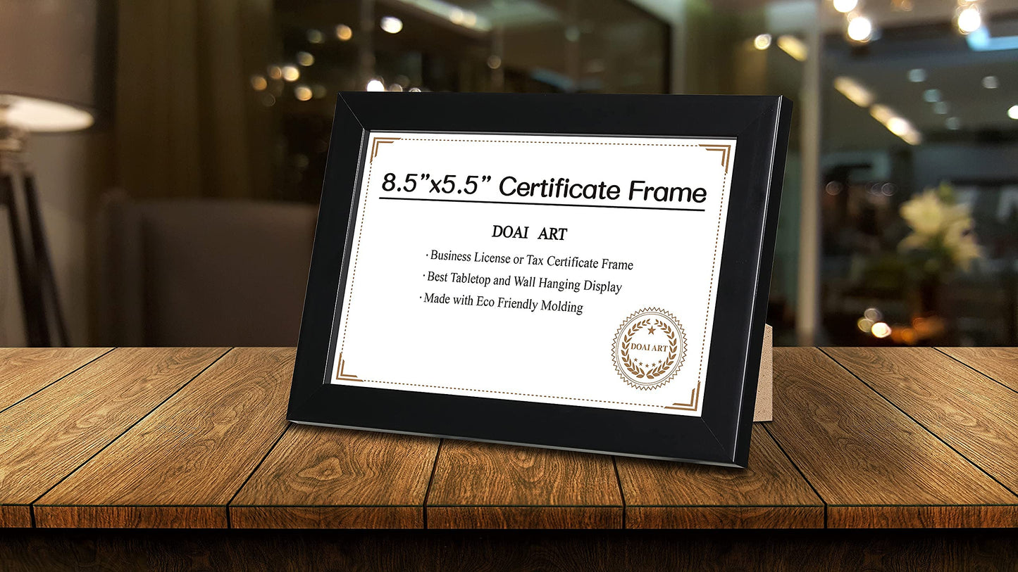 DOAI ART 8.5 x 5.5 Business License Frame Black, Professionals 5.5 x 8.5 Certificate Frames Fit Diploma, Document and Tax Certificate Self Standing with Wall Hangers