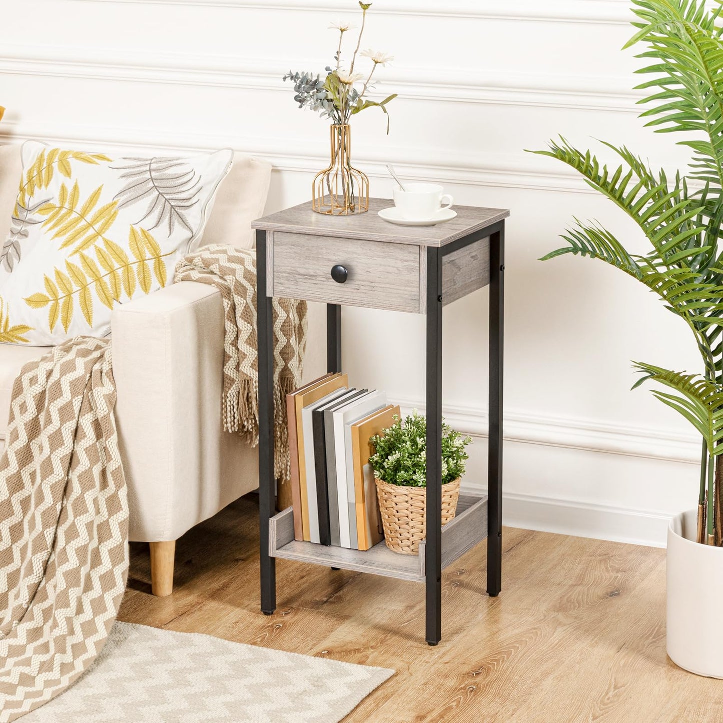HOOBRO Tall End Table, Nightstand, Industrial Side Table with Drawer and Storage Shelf, for Study, Bedroom, Space Saving, Greige and Black BG71BZ01