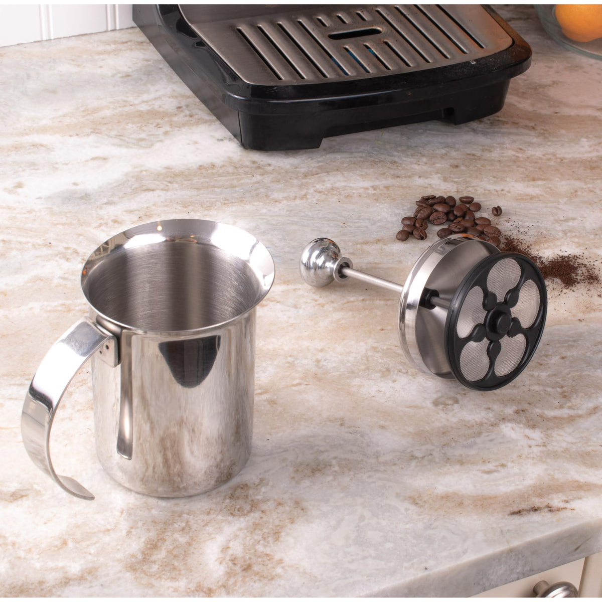 Fino Milk Creamer Frother Cappuccino Foam Pitcher with Handle and Lid, 18/8 Stainless Steel, 14-Ounce Capacity