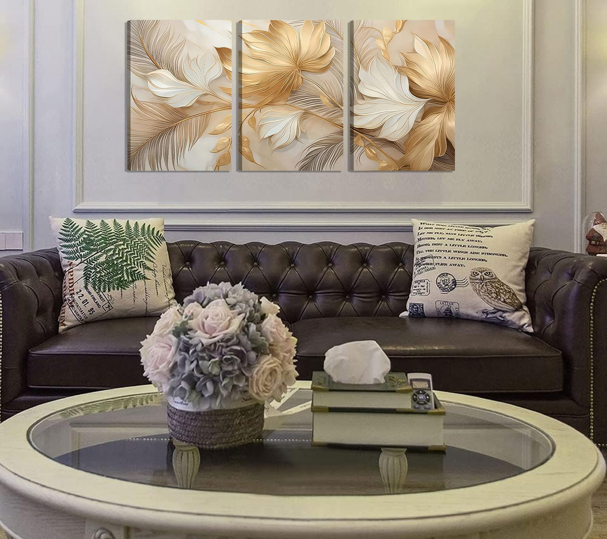 Modern Abstract Gold Botanical Canvas Wall Art Fashion Plants Wall Decor Pictures Leaf Light Luxury Poster Prints Flowers Painting Artwork for Living room Office Decoration 12x16in Frame