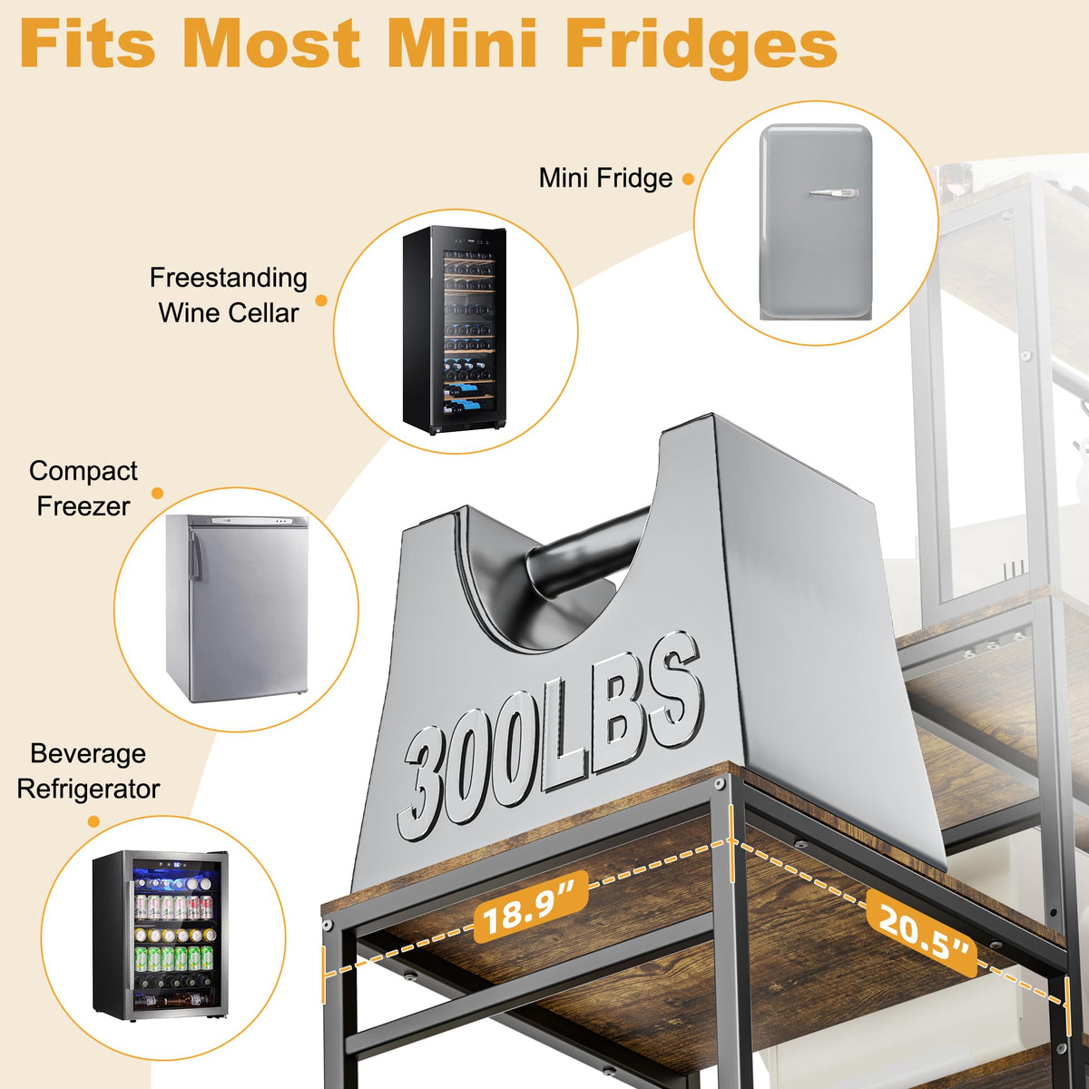 HYPIGO Mini Fridge Stand with Storage, Coffee Bar Cabinet Station with Power Outlet, Kitchen Baker’s Rack with Adjustable Shelf, Movable Basket, Refrigerator Organizer for Kitchen, Dorm, Home, Office
