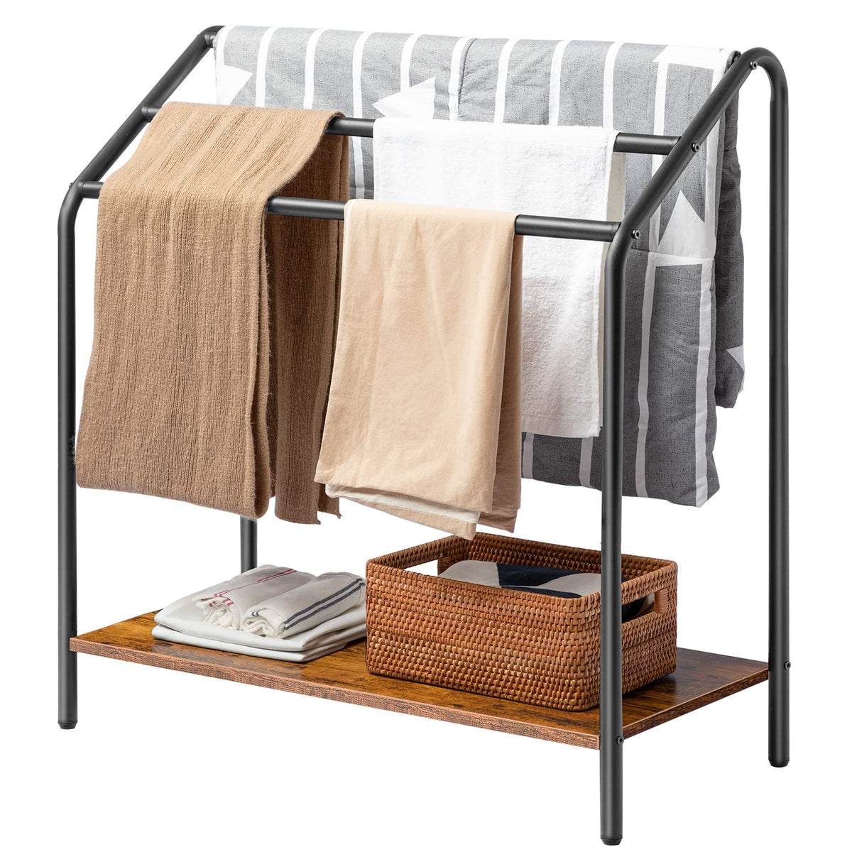 HOOBRO Freestanding Towel-Rack for Bathroom, 3 Tier Blanket Rack for Living Room, 31.5" L x 14.2" W x 33.9" H, Quilt Blanket Ladder Holder, Drying and Display Rack, Rustic Brown and Black BF80LB01