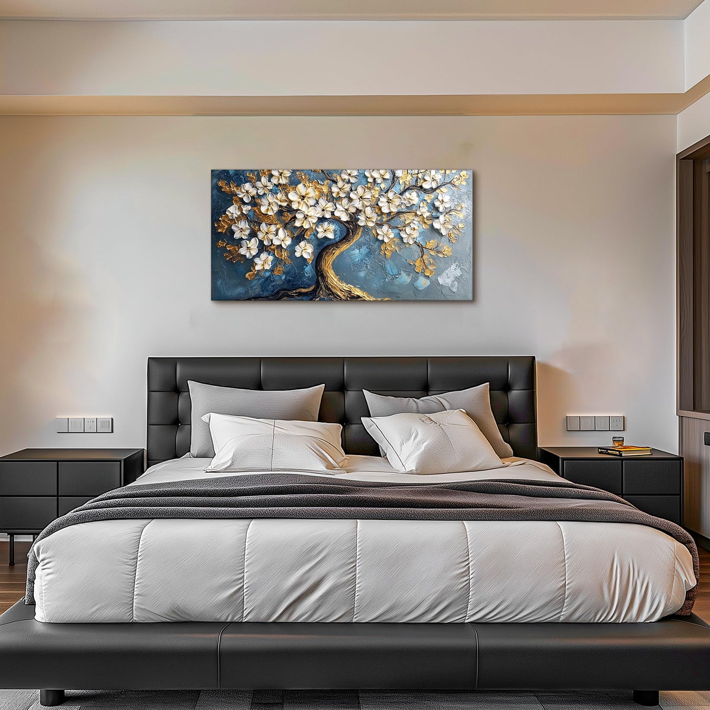 SERIMINO Tree of Life Large Canvas Wall Art, Abstract Gold Tree Modern Office Decorations, Nature White Floral Artwork for Walls, Navy Blue Pictures Wall Decor Living Room Bedroom Art Prints 20"X40"