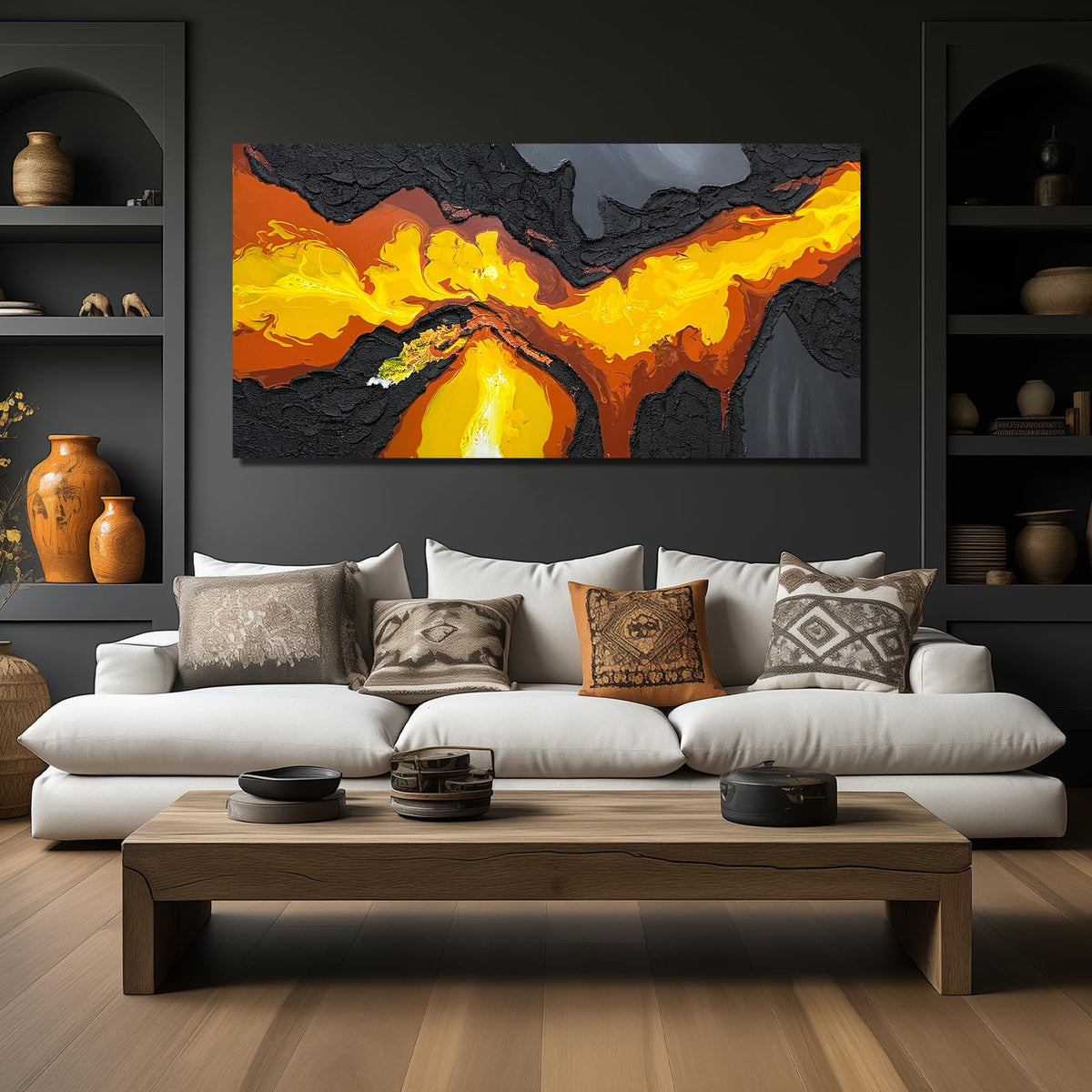Abstract Lava Flow Canvas Wall Art for Living Room, Black and Gold Yellow Wall-Decor for Bedroom, Modern Textured Volcanic Landscape Paintings for Hallway Office, Size 58x29 Inches Hand Painted