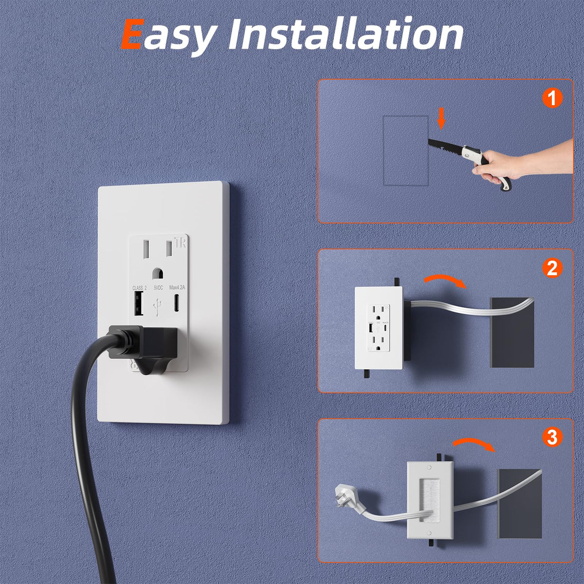 Outlet Relocation Kit,in Wall Cable Management Kit,2 AC+USB-A+USB-C,Power Relocation Kit for Unreachable Outlets,7.8ft in Wall Outlet Extender for TV,Home Theater，Sofa,Desks,Nightstands