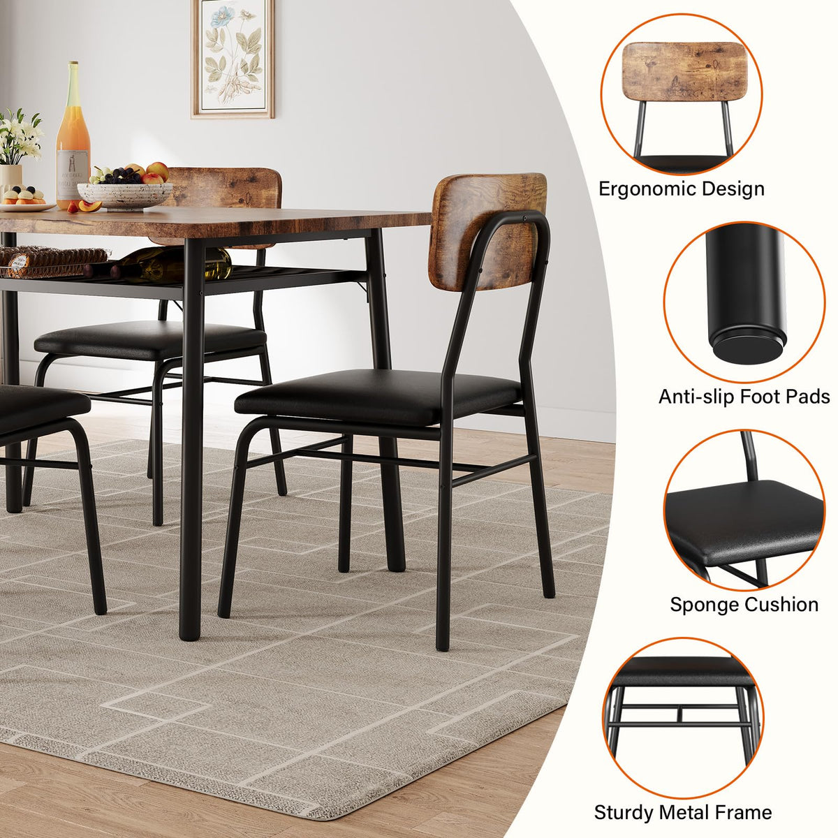 IDEALHOUSE Dining Table Set for 4 with Storage Rack, 5-Piece Kitchen Table and Upholstered Chairs of 4, Wood Tabletop & Heavy-Duty Metel Frame, Dining Room Set for Small Space, Apartment, Brown
