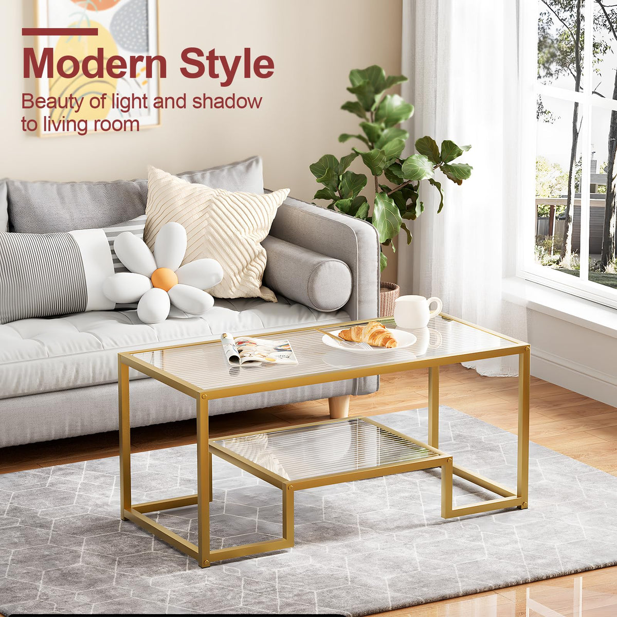 Wolawu Coffee Table Gold Glass Coffee Table for Living Room,2 Tiers Rectangle Center Table with Ribbed Glass Top and Sturdy Metal Frame,Modern Glass Accent Table for Bedroom Home Office