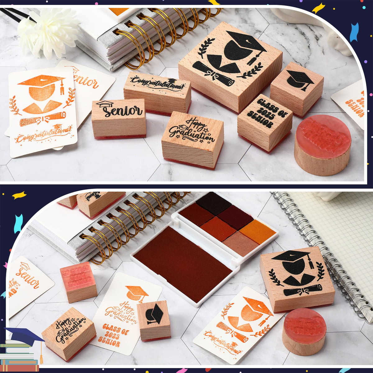 Supervitae 8 Pcs Graduation Rubber Stamps Set Wooden Rubber Stamps Graduation Season Vintage Wooden Rubber Art Stamps for Crafting and DIY Scrapbooking Card Making Hand Book