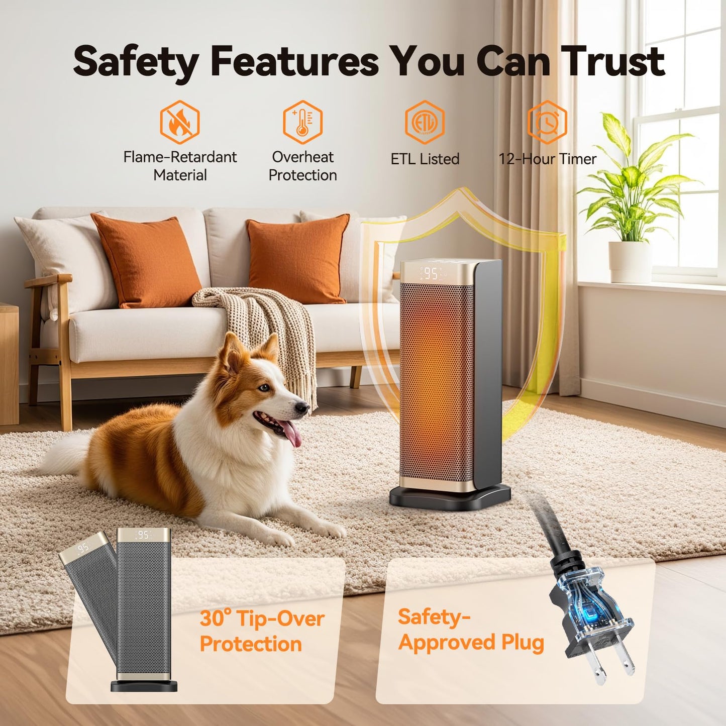 Space Heaters for Indoor Use, 1500W Electric Heater with Thermostat, 70° Oscillation, Remote Control, 3 Modes, 12H Timer, Portable Heater for Bedroom, Office, Home