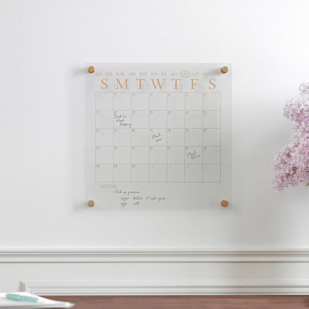Martha Stewart Grayson Acrylic Dry Erase Wall Calendar with Dry Erase Marker, 14" Square, Clear with Gold Print