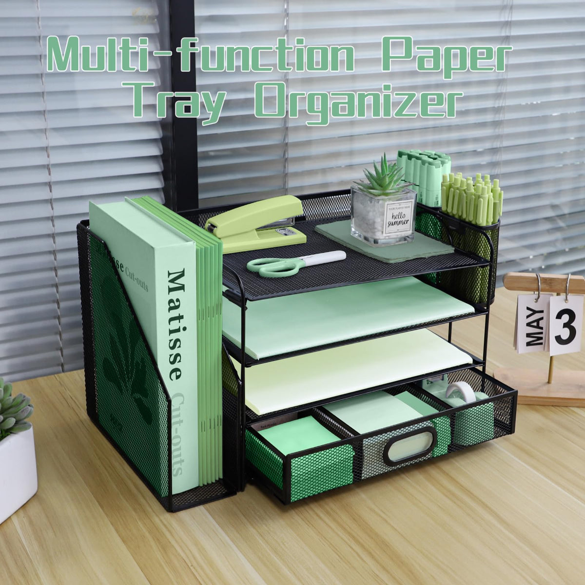 4 Tier Desk File Organiser with Extra Vertical File Sorter, Paper Letter Tray with Top Stationery Drawer Holder, A4 Paper Desktop Filing Trays, Magazine Document Holder for Home Office, Black
