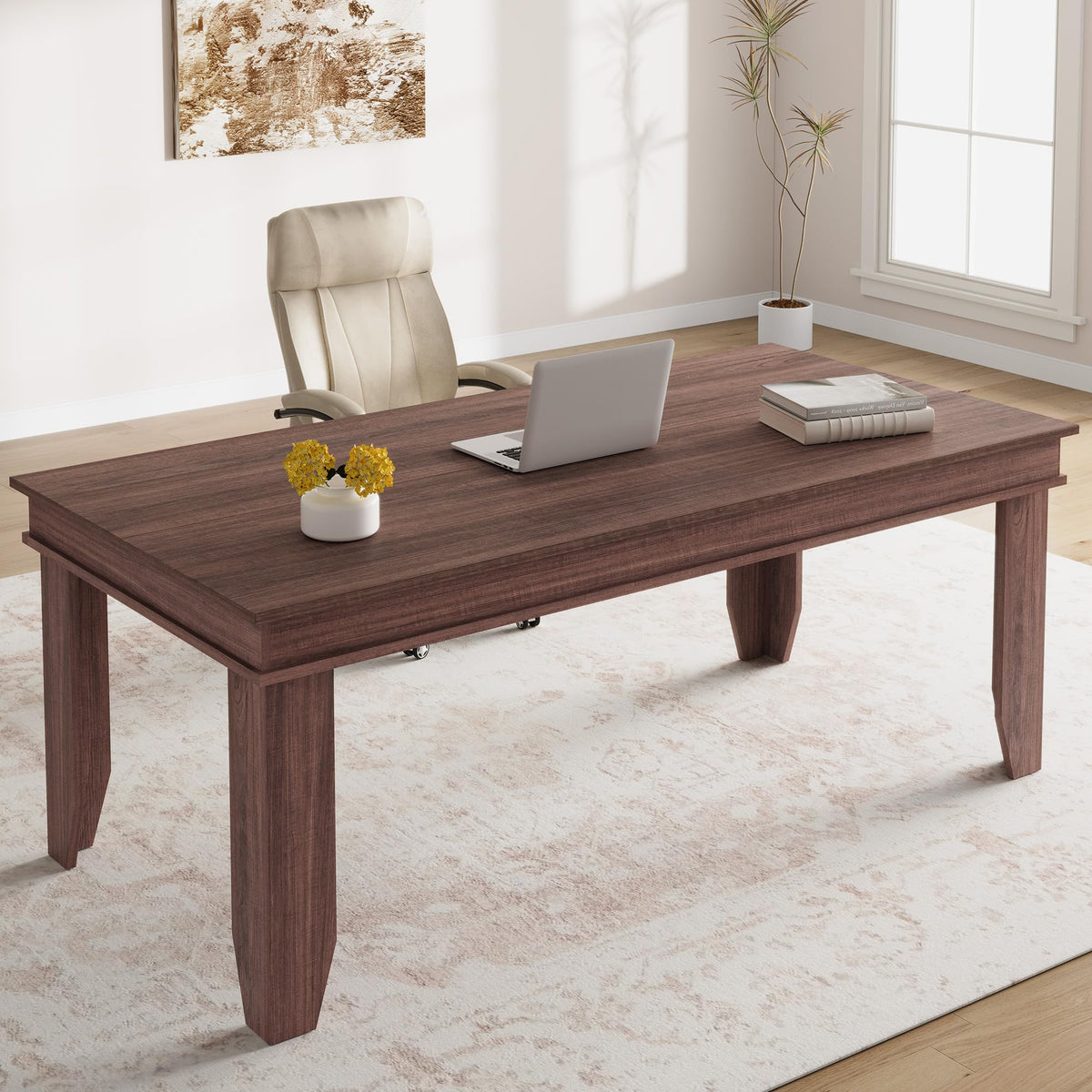 71 Inch Executive Desk, Large Black Computer Desk with Sturdy Thick Legs, Modern Farmhouse Home Office Desk, 180cm Spacious Writing Table for Study, Professional Workstation Furniture, Rectangular