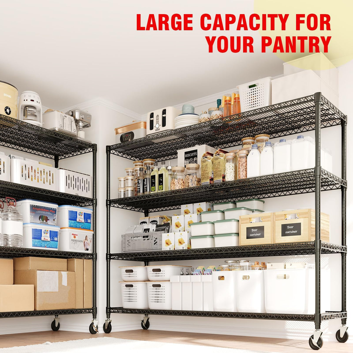 4-Tiers Storage Shelves 73" H Heavy Duty Metal Shelving with Wheels, 2640LBS Load Wire Shelving Rack Garage Shelves for Pantry Kitchen Industrial Warehouse Office, 59" W x 23.9" D