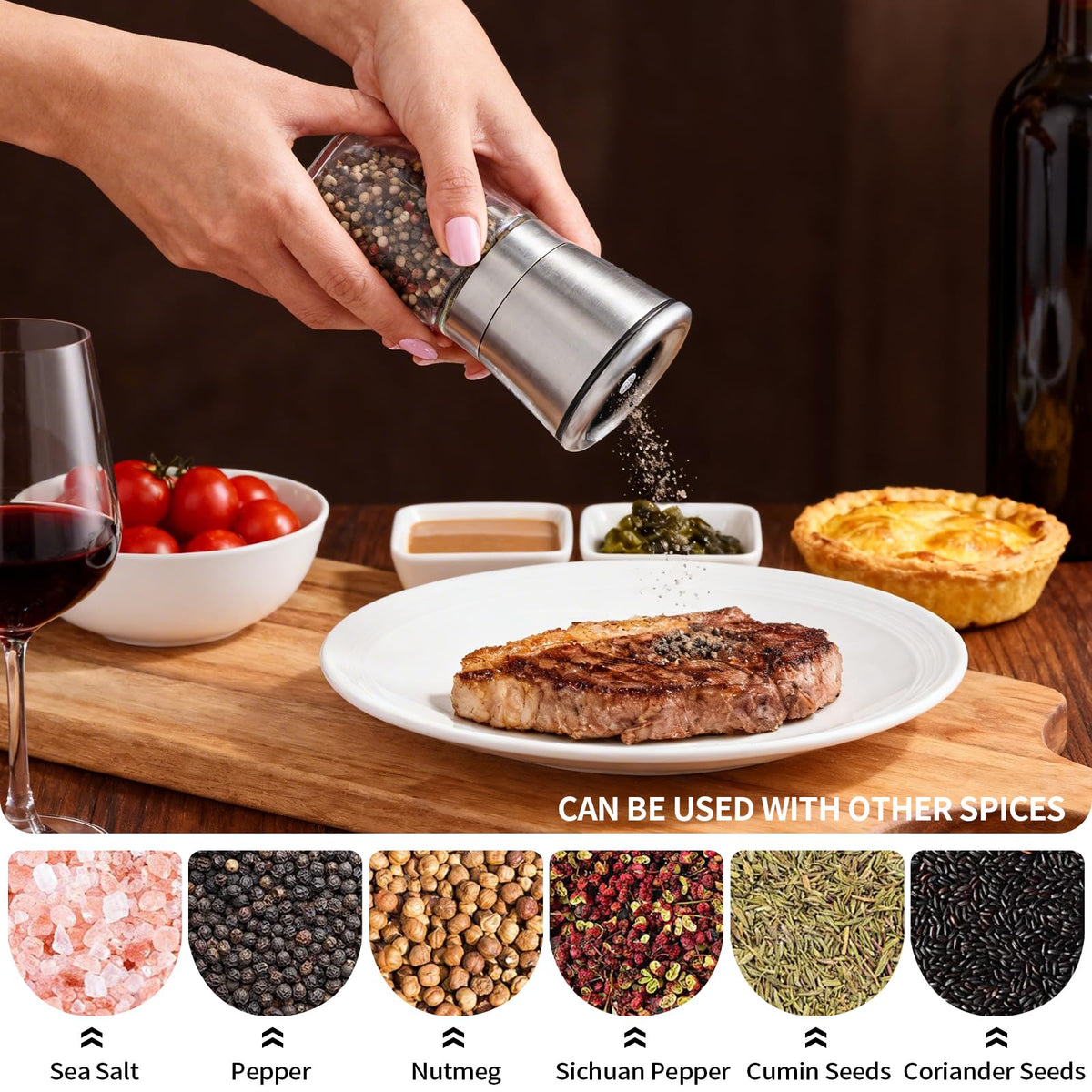 Premium Salt and Pepper Grinder Set of 2, Refillable Stainless Steel Spice Shakers with Adjustable Coarseness, Easy Clean Durable Ceramic Mills, Include Silicone Funnel & Cleaning Brush (5.3"H-2 Pack)