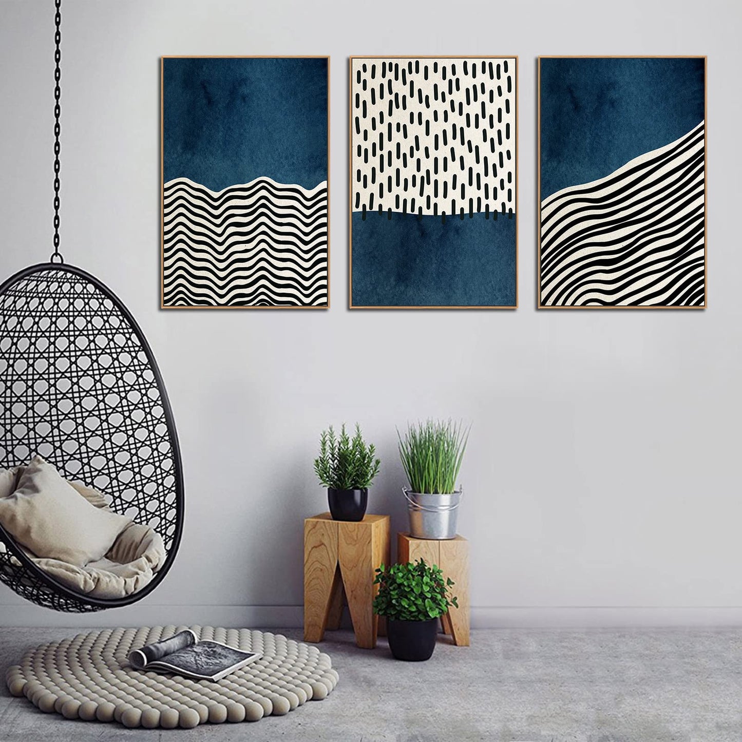 Framed Wall Art Canvas Set Mid Century Boho Picture Modern Abstract Geometric Lines Wall Decor Minimalist Black Indigo Canvas Painting Artwork Living Room Bedroom Home Office 24"x36"x3 Natural