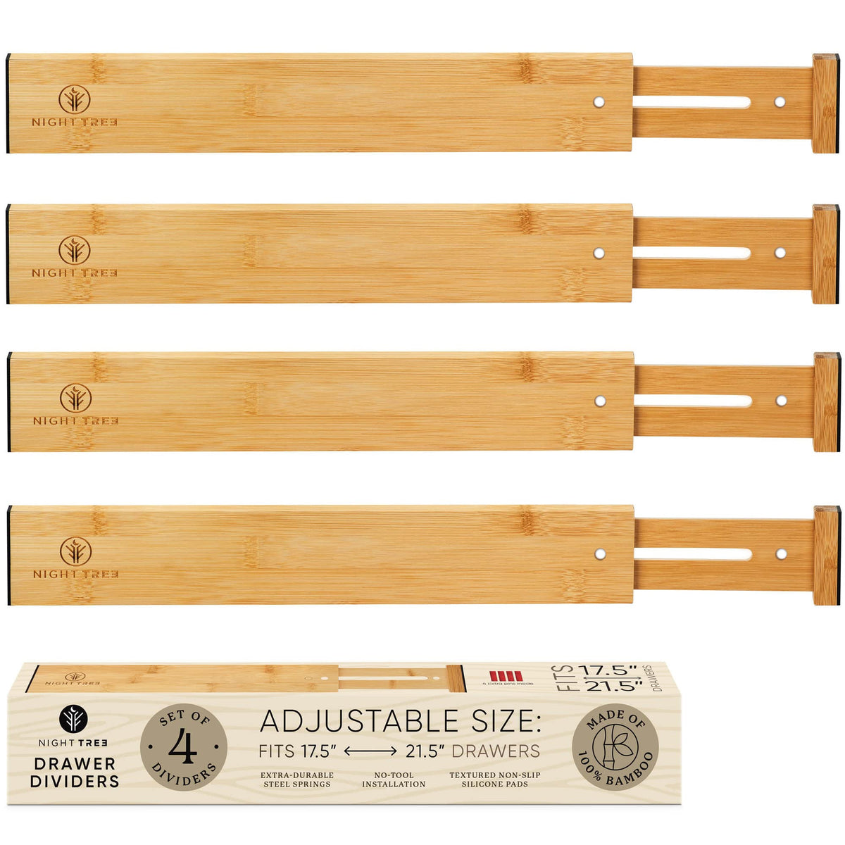 Night Tree Expandable Bamboo Drawer Dividers – drawer separators for Clothes, Kitchen Utensils, Bathroom, and Dresser Drawers (17.5" to 21.5")