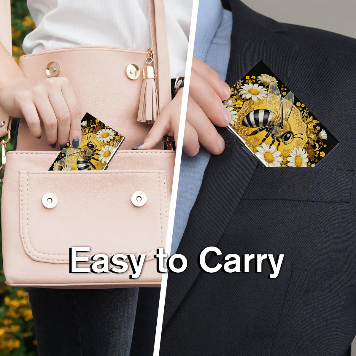 Retro bee pattern Business card holder - metal ultra-thin business card box, men's and women's pocket business card holder, can store credit cards, gift cards, etc