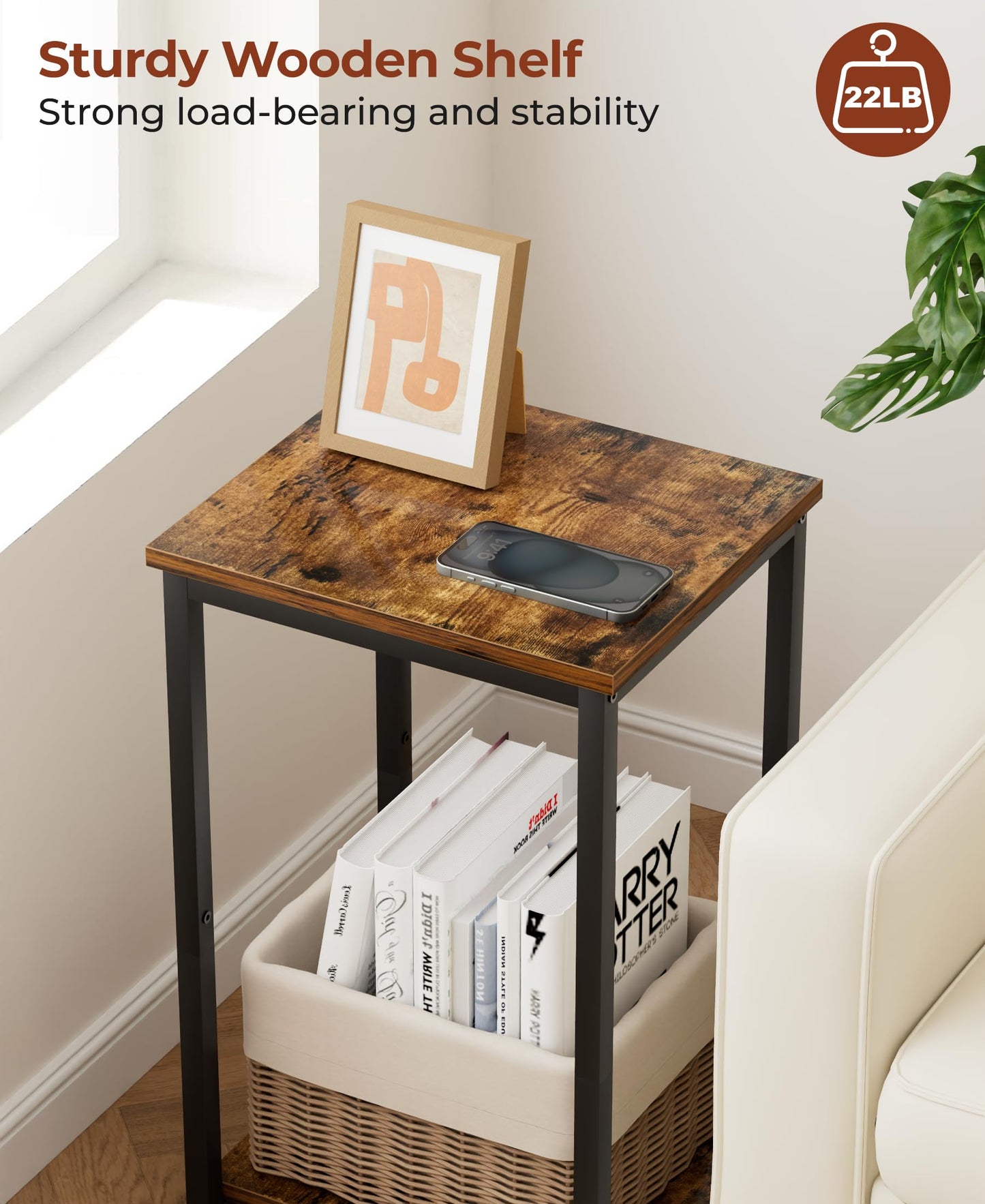 KEETDY Small Side Table for Small Space End Tables for Living Room, 2-Tier Storage Shelf Night Stand, Sofa Bedroom Bedside Table Nightstand Storage, Rustic Brown