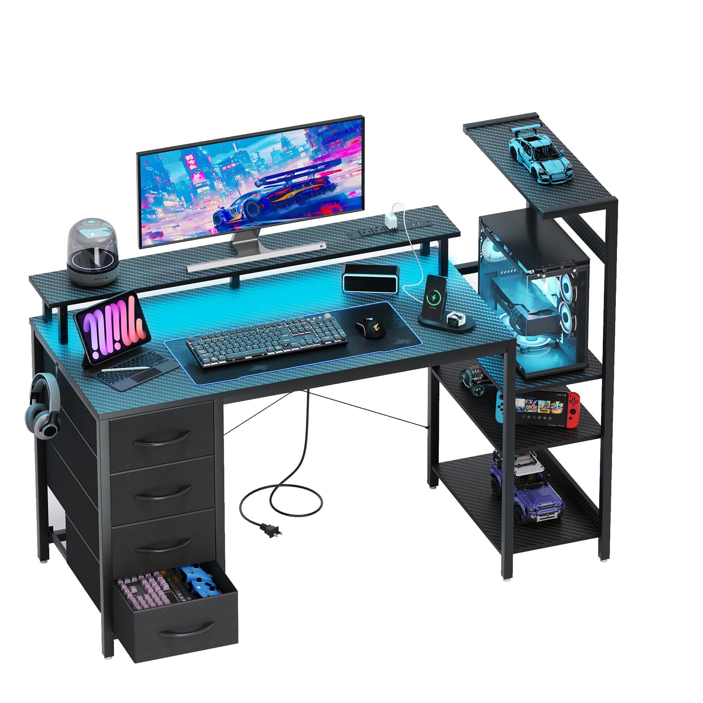 51 Inch Gaming Desk with LED Lights and Power Outlets, Computer Desk with Storage Shelves, Fabric Drawers, Monitor Stand & Side Hook, Reversible Gamer Table for Home Office, Carbon Fiber Black